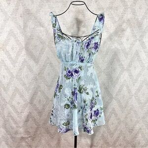 Y2K Secret Treasures Aqua floral sheer ruffle shoulder babydoll slip dress